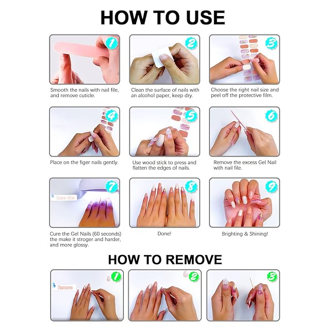 WOKOTO 20 Pcs Gradient Semi Cured Gel Nail Strips With Nail File & Wooden Stick Semicured Nail Polish Strips For Women Girls Gel Nail Wraps Uv Light Gel Nail Stickers Stick On Nails Gel Stickers