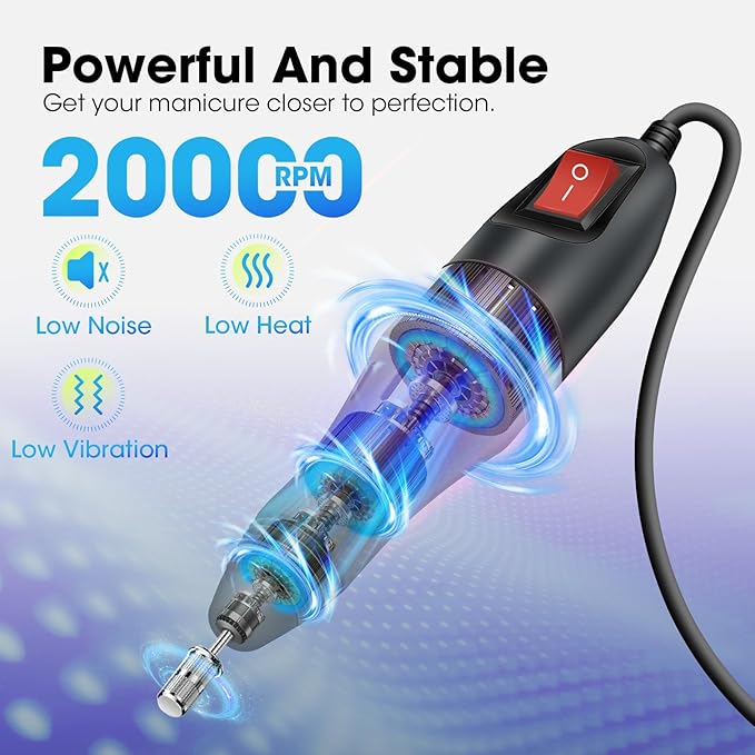 LAVAED Professional Electric Nail Drill Machine Kit - Low Noise Vibration with 156pcs Sanding Bands for Acrylic Nail Drill, Gel Art Remover, Polisher, Manicure, Pedicure