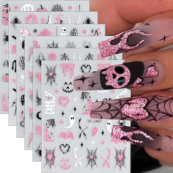 Halloween Nail Art Stickers, Cute Ghost Nail Art Decals 3D Self-Adhesive with Pink Bat Pumpkin Heart Skull Spider Web Nail Design 6Pcs Halloween Nail Art Supplies for Women Nail Decoration