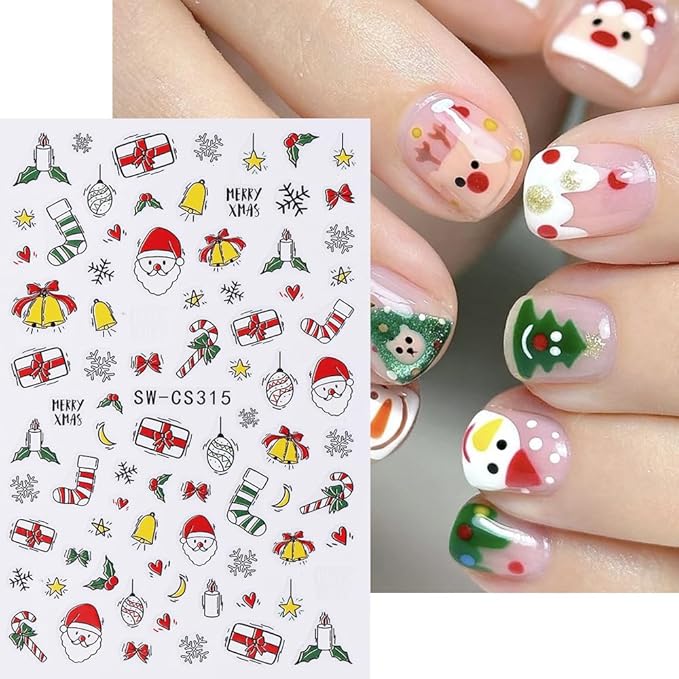 Christmas Nail Art Stickers Decals 3D Christmas Nail Stickers for Nail Art 6PCS Gingerbread Man Candy Cane Santa Claus Holly Cartoon Xmas Nails Design Adhesive Sliders Accessories for Nail Decorations