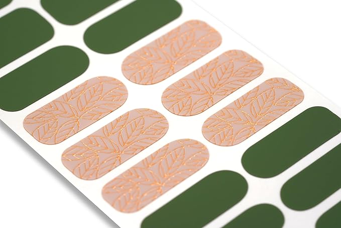 | 20 Exquisite Gel Nail Polish Strips w/Application Accessories - No UV/LED Lamp Required (Gold Foil Leaves & Green)