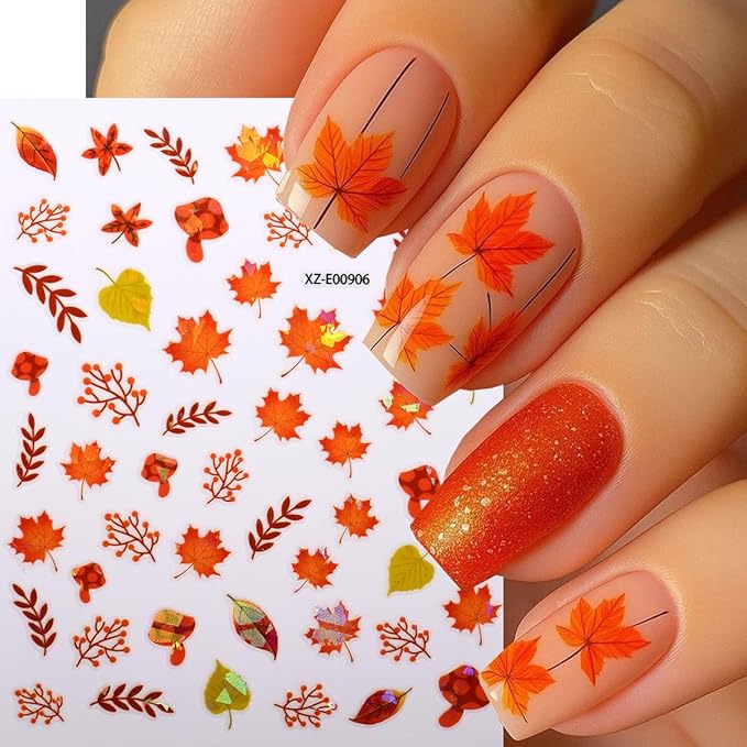 Autumn Nail Art Stickers Maple Leaf Nail Decals Fall Leaves Nail Stickers for Nails Art Mixed Leaf Red Yellow Orange Nut Wheat Design Thanksgiving Nail Sticker for Women DIY Manicure Decor 12 Sheets