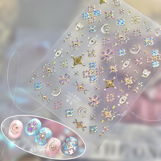 1 Sheets Bohemian Nail Art Stickers Decals 5D Embossed Holographic Glitter Moon Heart Nail Decals with Pearl Bohemian Design Flower Nail Stickers Moon Star Stickers for Nails Supplies Decoration