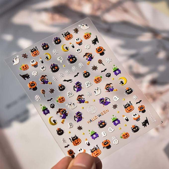 Halloween Nail Stickers for Nail Art Ghost Pumpkin Nail Art Stickers Black Cat Skull Nails Design Decals Halloween Nail Supplies for Women DIY Manicure Decoration Accessories
