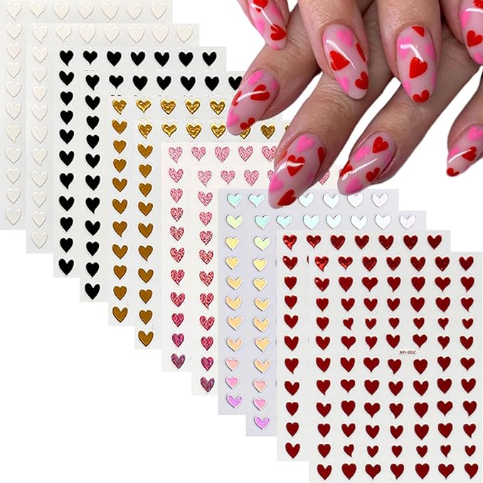 12 Sheets Valentine's Day Nail Art Stickers 3D Self-Adhesive Nail Decals Colorful Love Heart Nail Stickers Red Pink Valentines Nail Sticker for Women Supplies