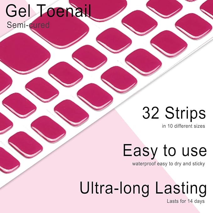 Semi Cured Gel Toenail Strips, 32 Rose Red Gel Toenail Stickers - Works with Any UV Lamps Pedicure Strips Full Nail Wraps with Nail File & Wood Stick