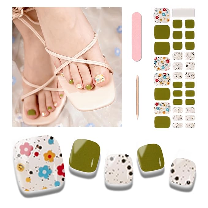 Semi Cured Gel Toenail Strips, 32 Green Gel Toenail Stickers - Works with Any UV Lamps Pedicure Strips Full Nail Wraps with Nail File & Wood Stick