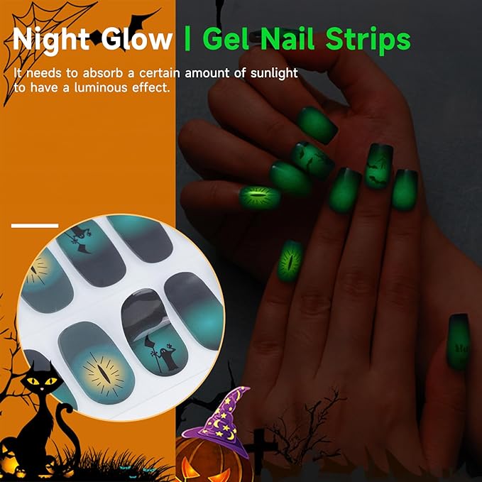 Halloween Gel Nail Stickers No UV Light Needed, 22Pcs Gel Nail Strips Set, NailWraps Polish Art DIY for Women, Salon Quality, Includes Prep Pads & Wood Stick (Bat)