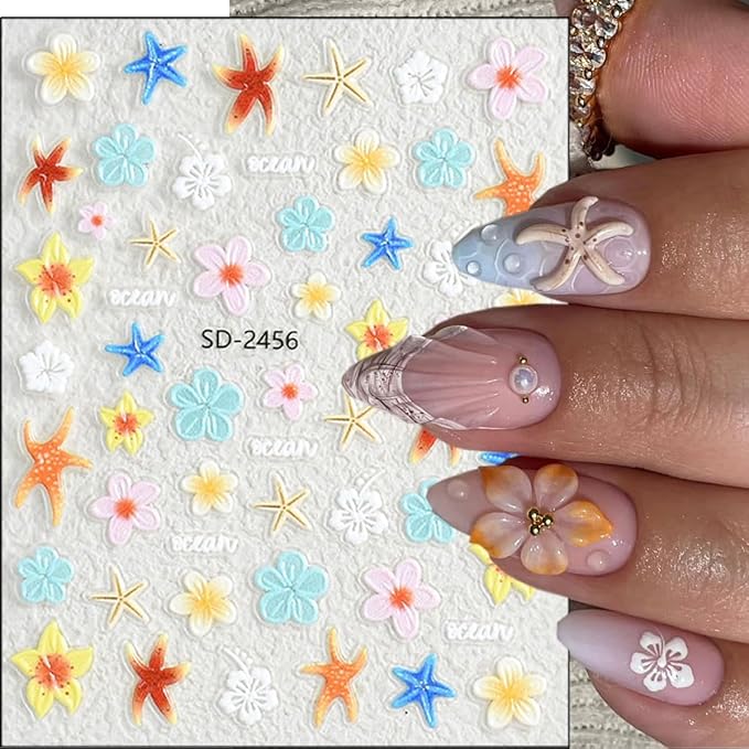 Summer Flower Nail Art Stickers Decals 5D Micro Embossed Hawaiian Flowers Nail Decals Tropical Ocean Starfish Summer Nail Stickers Lily Hibiscus Design Floral Nail Supplies for Acrylic Manicure 3Pcs
