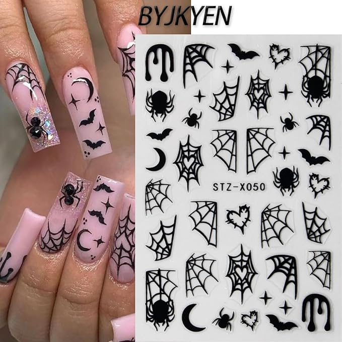 8 Sheets Spider Nail Art Stickers, Halloween Nail Decals 3D Self-Adhesive Black White Spider Web and Spider Design Nail Sticker Halloween Acrylic Nail Art Decoration for Women Holiday Nail Charm