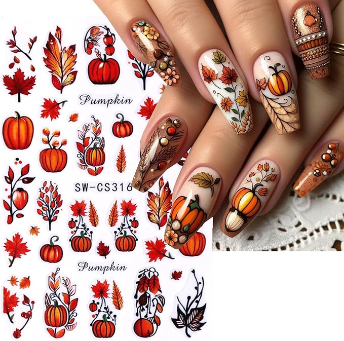 Fall Nail Stickers for Nail Art 3D Thanksgiving Pumpkins Autumn Fruit, Maple Leaf, Fallen Leaves Adhesive Nail Stickers for Women Nail Decoration Holiday DIY Cute Pumpkin Manicure Supplies 4 Sheets