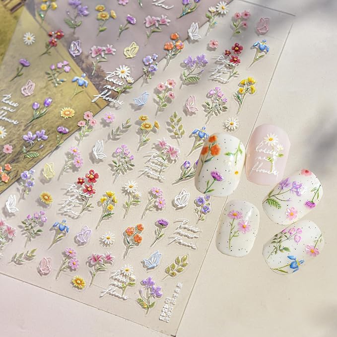 1 Sheets Wild Flower Nail Stickers for Nail Art, Embossed Shell Light Self-Adhesive Daisy Butterfly Nail Decals, Nail Supplies Nail Art Designs Accessories for Women and Girls Manicure DIY Decoration