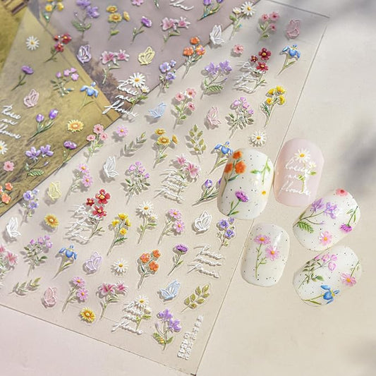 1 Sheets Wild Flower Nail Stickers for Nail Art, Embossed Shell Light Self-Adhesive Daisy Butterfly Nail Decals, Nail Supplies Nail Art Designs Accessories for Women and Girls Manicure DIY Decoration