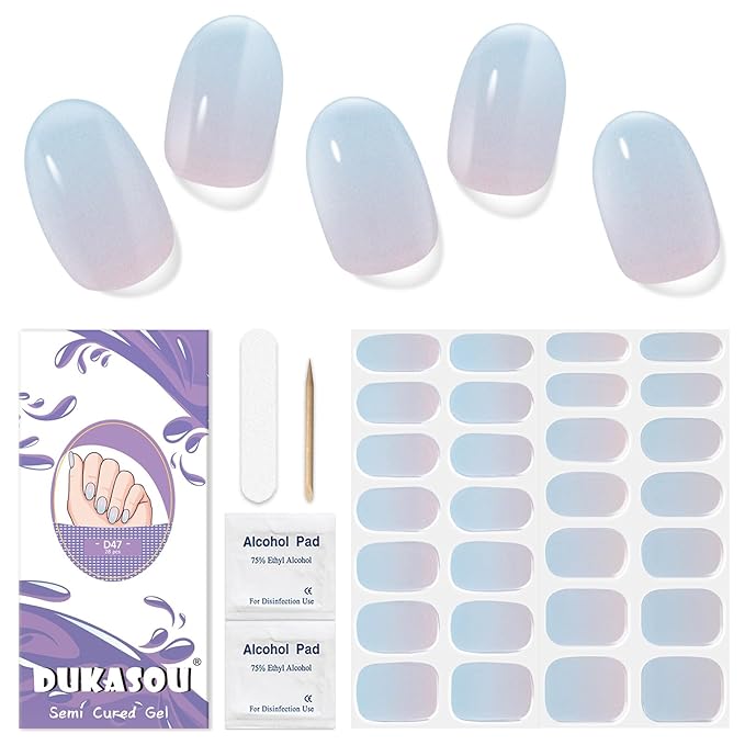 Semi Cured Gel Nail Strips, 28 pcs Gel Nail Stickers Work with Any UV Lights, Long-Lasting Nail Wraps, Stick on Nails for women Easy to Apply & Remove