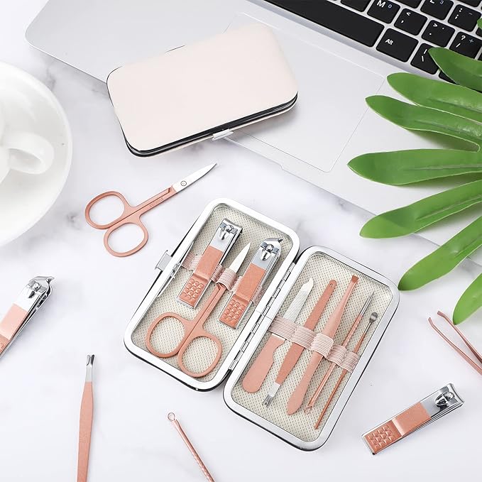 Hanaive 6 Set Manicure Set 48Pcs Nail Clippers Pedicure Kit 8 in 1 Stainless Steel Grooming Kit Professional Nail Care Tools with Luxurious Travel Case for Men Women Gift(Rose Gold)