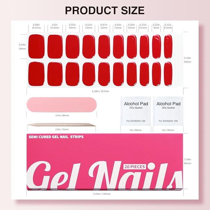 Semi Cured Gel Nail Strips, 20 PCS Gel Nail Stickers Work with UV Light, Salon Quality & Easy to Use - Classic Red