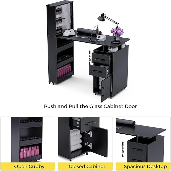 Manicure Table Nail Desk w/Glass Door Storage Cabinets & Wrist Rest, Beauty Salon Workstation, Acetone Resistant, with Dust Collector (Black)