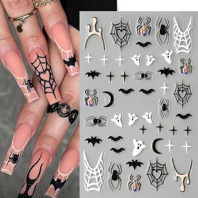 Spider & Bat Halloween Nail Decals - Self Adhesive Ghosts & Web Pattern Design - Day of The Dead DIY Nail Supplies & Charms for Women