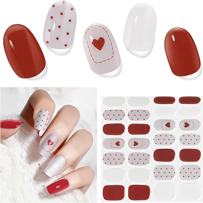 Semi Cured Gel Nail Strips, 28 pcs UV Gel Nail Stickers Full Nails Wraps for Women Home DIY Nails Art, UV Light Required(Love Polka Dots)