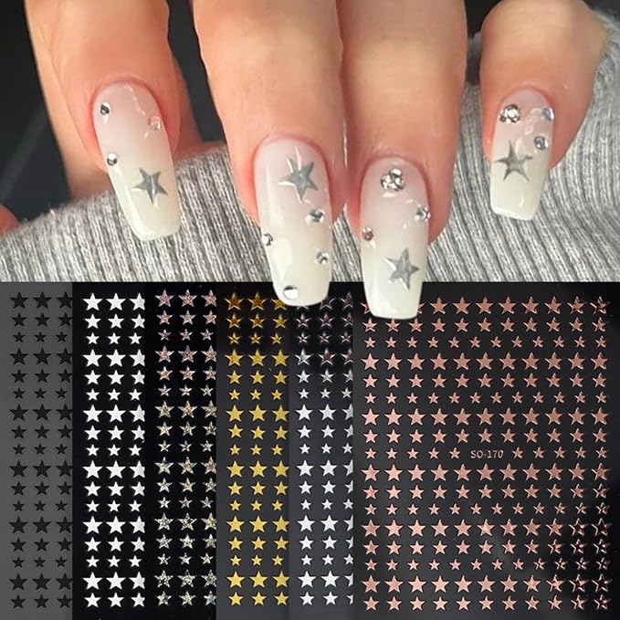 6 Sheets Star Nail Art Stickers Decals Gold Silver Star Nails Stickers for Nail Art Self-Adhesive Black White Laser Nail Decals