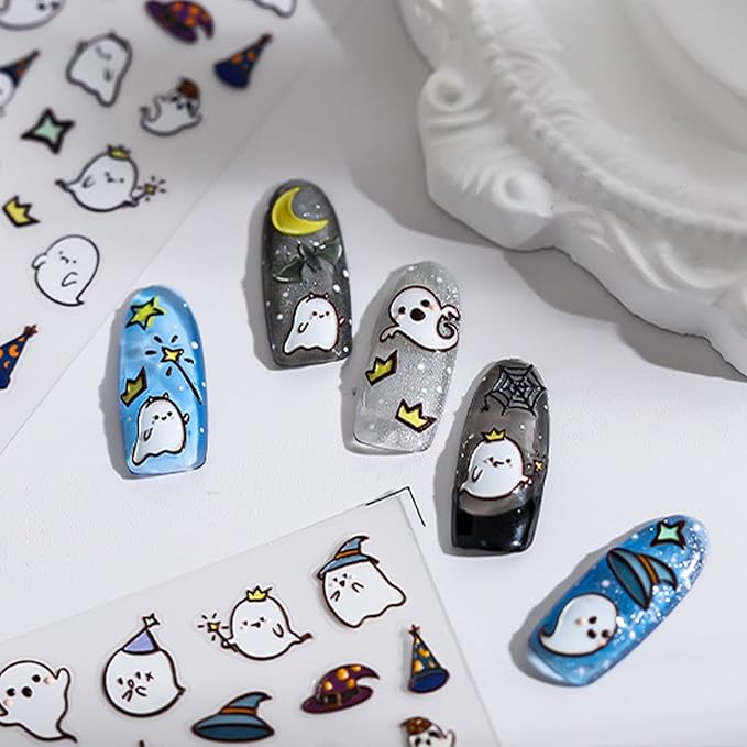 Halloween Nail Stickers for Nail Art - Ghost Party Nail Art Sticker Halloween Cute 5D Embossed Nail Decals Self-Adhesive Nails Supply Manicure Stickers for Nails Decoration