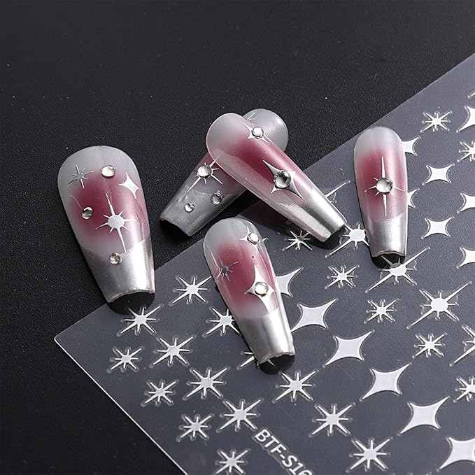 12 Sheets Star Nail Stickers Black White Nail Decals Gold Silvery Stars Design Nail Art Stickers 3D Self-Adhesive Manicure DIY for Women Acrylic Nails Supplies