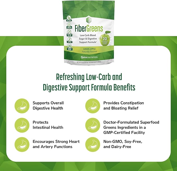 Green Apple Fiber Greens - Low-Carb Probiotics for Gut Health - Blood Function Support - Naturally Flavored Probiotic Formula with 30 Superfoods - Protects Heart Health, 30 Servings