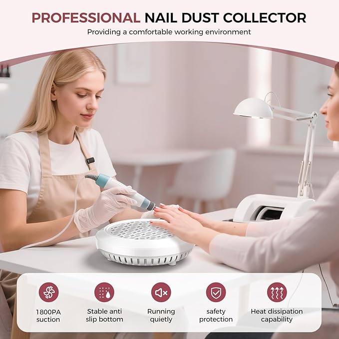Nail Dust Collector for Nail Tech & Acrylic Nail Polishing - Ultra-Quiet 8000RPM Turbo Brushless Motor, Reusable Filter & Magnetic Detachable Design for Salon, Home DIY & Crafts