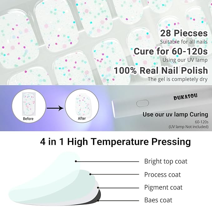 Semi Cured Gel Nail Strips, Firefly | 28 pcs Gel Nail Stickers Wraps Work with Any UV Lamp, Salon Quality, Include Prep Pads, Wood Stick