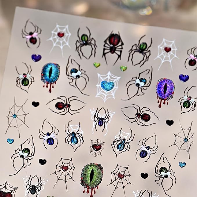 1Pcs Halloween Spider Nail Art Stickers 5D Embossed with Crystal Spider Nails Decals Glitter Heart Eyes Spiders Web Design Goth Nail Stickers Horror Halloween Nails Supplies for Women Acrylic Manicure