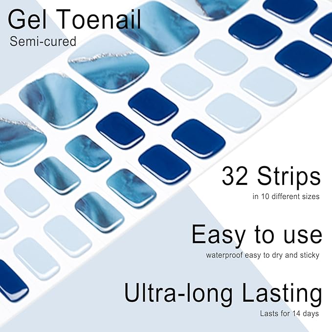 Semi Cured Gel Toenail Strips, 32 Blue Marble Gel Toenail Stickers - Works with Any UV Lamps Pedicure Strips Full Nail Wraps with Nail File & Wood Stick