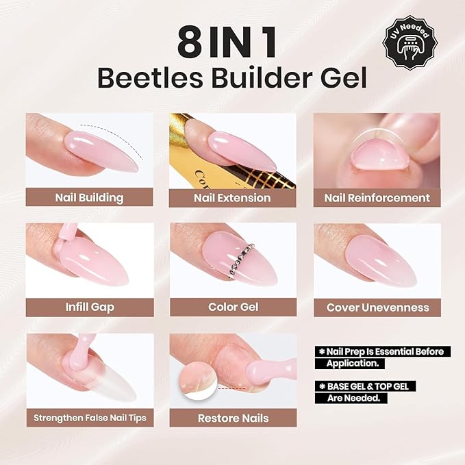 Beetles Builder Gel for Nails, 7 in 1 Nude Brown Colored Strengthener Gel in a Bottle for Fall Nail Extension Building Apex UV LED Lamp Cured DIY at Home Beauty Gift Sets for Women,Base Coat Need