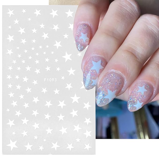 8Pcs Star Nail Stickers for Nail Art, 4 Color Star Nail Decals 3D Glitter Shiny Gold Silver White Black Stars Nail Designs Foil Transfer Sticker Pentagram Tip Slider DIY Manicure Decor Supplies