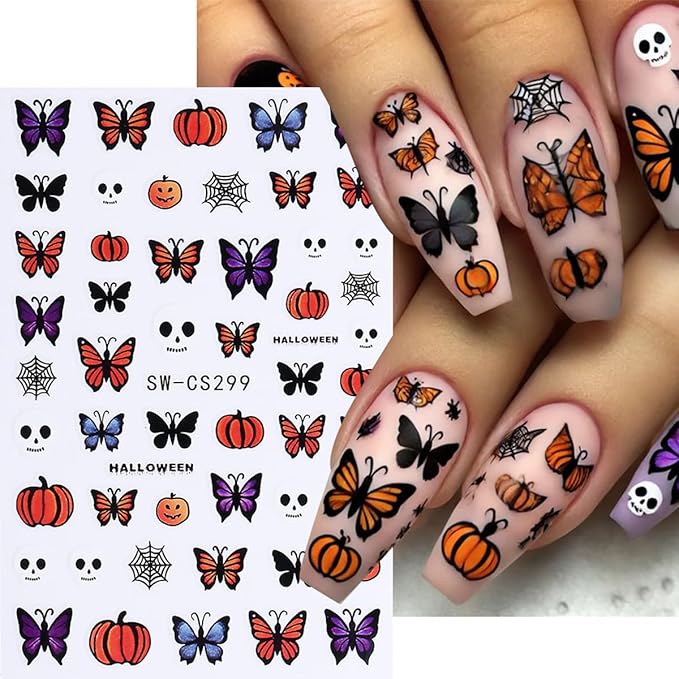 Halloween Nail Art Stickers 3D Bat Spider Web Halloween Nail Decals Self-Adhesive Nail Art Supplies 6PCS Pink Pumpkin Skull Butterfly Skeleton Design Holiday Nail Stickers for Women DIY Nail Salon