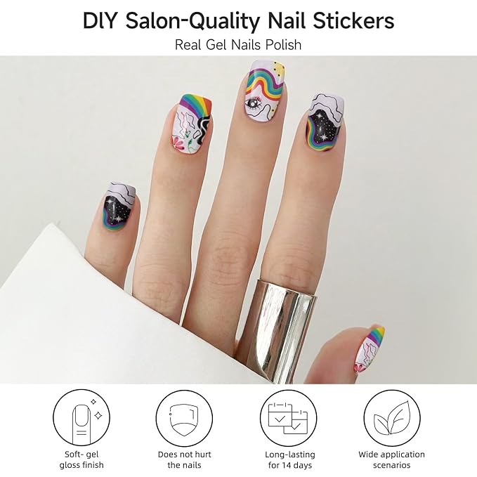 Semi Cured Gel Nail Strips (Rainbow), 28 pcs Gel Nail Stickers, Work with Any UV Lamps, Long-Lasting NailWraps for Women DIY Gift, Easy to Apply & Remove, Salon-Quality