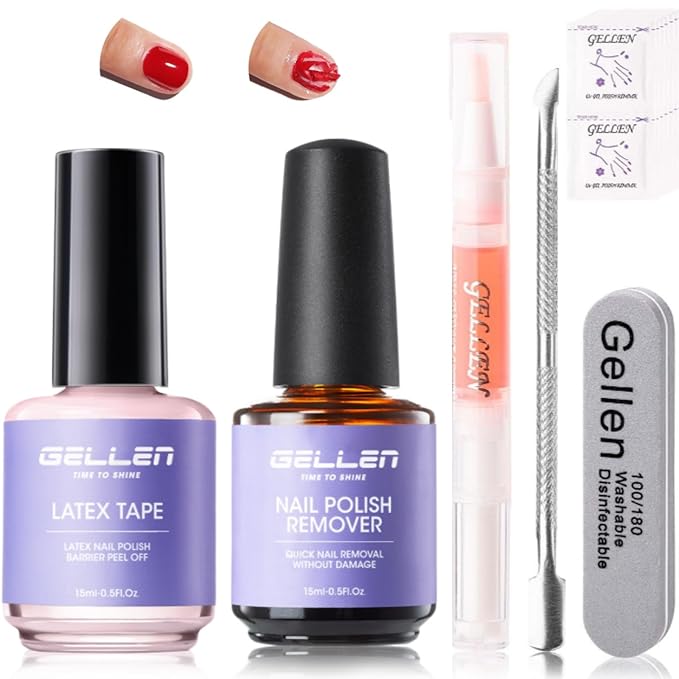 Gellen Gel Polish Remover Kit for Nails, Gel Nail Polish Remover 3-5 Minutes Removal, Pink Liquid Latex Tape Easy to Peel Off, with Manicure Tools