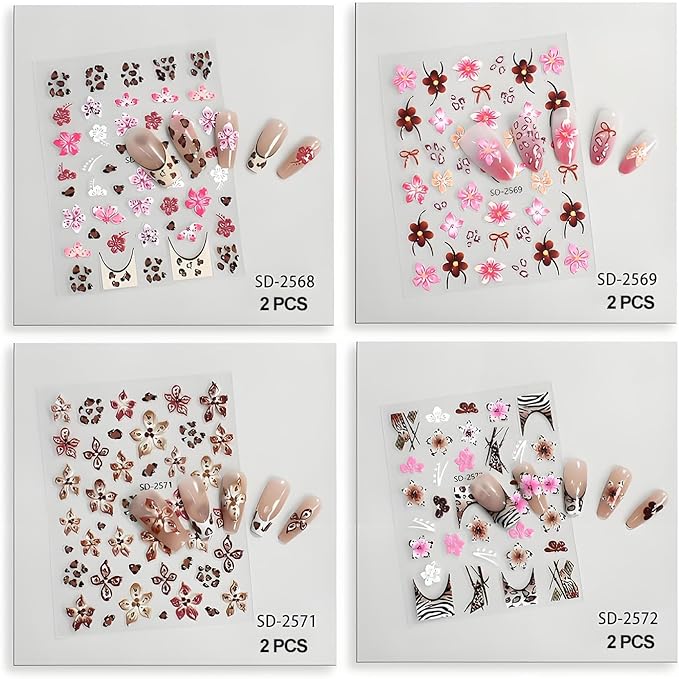 Fall Flowers Nail Art Stickers, Maillard Leopard Lily Nail Decals 3D Embossed with Sweet Cool Spicy Girl Style Design 8Pcs Nail Art Supplies for Women Nail Decoration