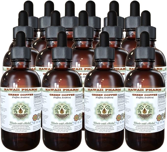Green Coffee Alcohol-Free Liquid Extract, Green Coffee (Coffea Arabica) Dried Bean Glycerite Hawaii Pharm Natural Herbal Supplement 15x4 oz