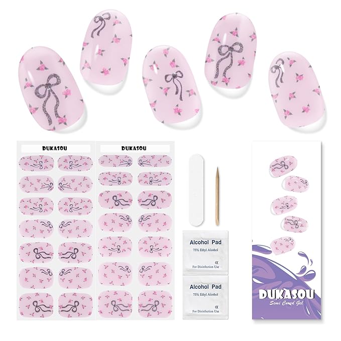Semi Cured Gel Nail Strips,28 PCS Gel Nail Stickers |Wraps (Cute Bow),Long Lasting Stickers with UV Light Required,Easy to Apply