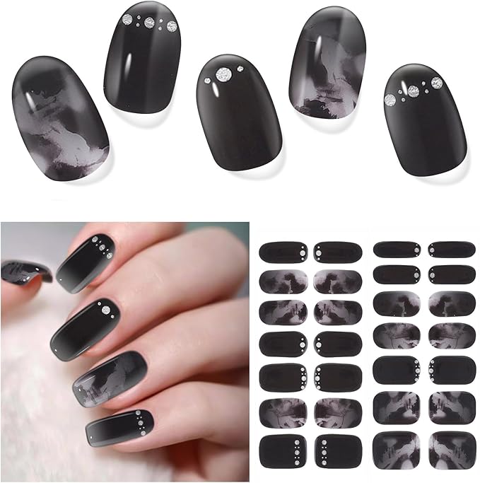 Semi Cured Gel Nail Strips | 28 pcs Gel Nails Strips Halloween Work with Any UV Lamps, Long Lasting UV Nail Stickers for Women DIY Nails Wraps(Black Spider)