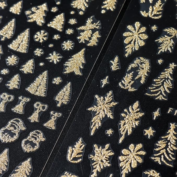 Christmas Nail Art Stickers Decals Gold Glitter Snowflake Snowy Tree Nail Decals 6PCS Snowflakes Deer Snowman Bell Leaf Christmas Nails Design Adhesive Stickers Manicure Nail Art Supplies for Women