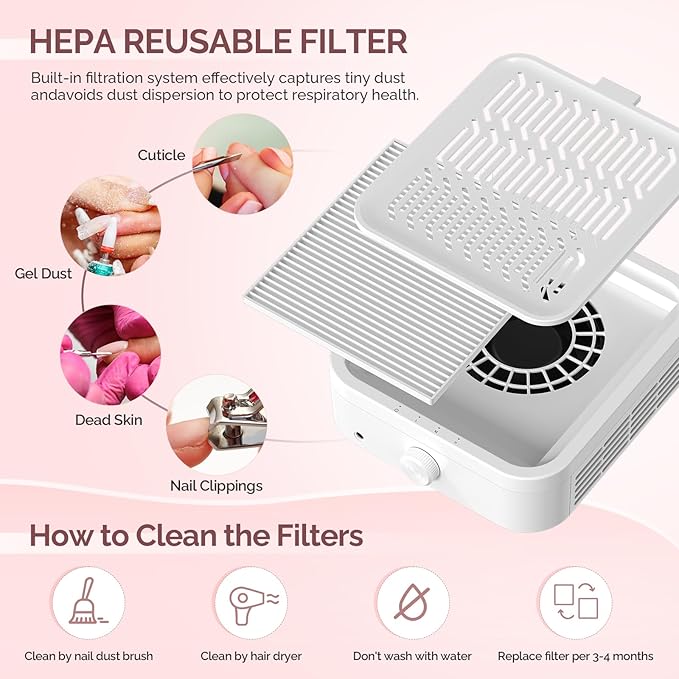 LIONVISON Nail Dust Collector for Acrylic: 120W Professional Nails Dust Collector With Reusable HEPA Filter For Home Salon Use - Portable 3 Speed Vacuum DIY Manicure For Nail Art Beginners (Age 25-45)