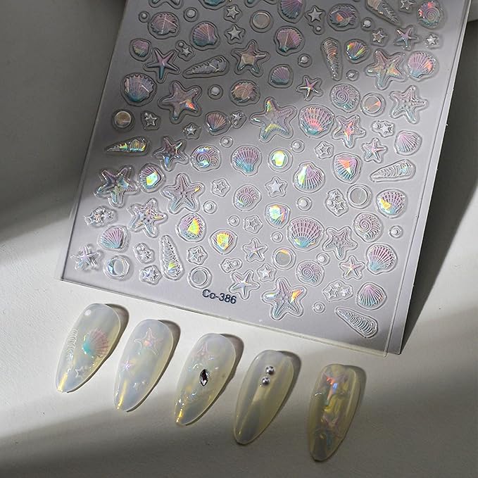 Shell Starfish Nail Stickers Summer Nail Decals 5D Embossed Nail Art Stickers Aurora Ocean Theme with Pearl Design Cute Nails Supplies for Women