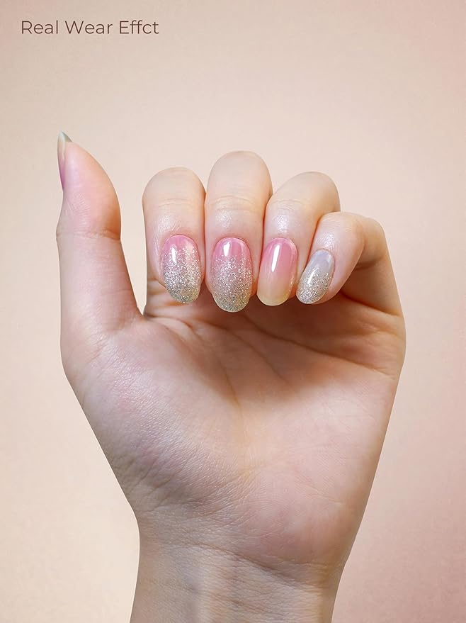 Pre Cured Gel Nail Strips - 44PCS Salon Quality Gel Nail Stickers - Long Lasting Polish Wraps for Women no UV Light Needed Easy Apply& Remove (Rainbow Pink Glow）