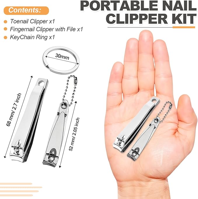 12-Piece Stainless Steel Fingernail & Toenail Clippers Set with File & Keychain - Bulk Nail Clippers Kit for Men/Women, Home, Travel, Gifts, Homeless Care Supplies (6 Small + 6 Medium)