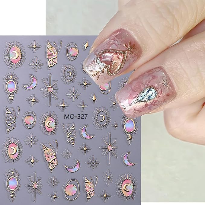 Retro Sun Moon Star Nail Art Stickers Baroque Style Nail Design Nail Decals 5D Embossed Self-Adhesive Butterfly Nail Stickers Red Blue Heart Bow Nail Decoration Supplies for Women DIY Manicure -3Pcs