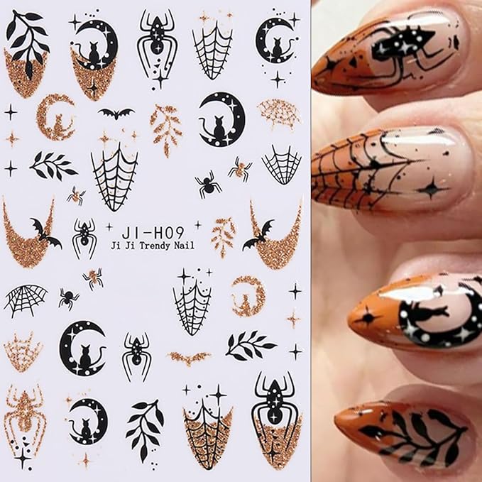 10 Sheets Halloween Nail Stickers for Nail Art Ghost Nail Art Sticker 3D Self-Adhesive Silver Gold Glitter Pumpkin Spider Web Spooky Spider Bat Nail Decals Stickers for Halloween Nails DIY