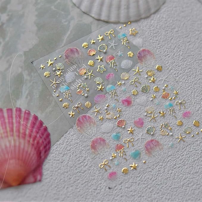 1Pcs Summer Nail Stickers for Nails Art 5D Embossed Marine Life Nail Decals with Pearl Shiny Gold Star Bow Shell Nail Art Stickers Ocean Beach Jellyfish Nail Supplies for Women Manicure Decor