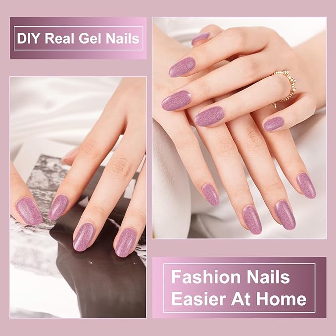 Semi Cured Gel Nail Strips, 28 pcs Gel Nails Stickers for Women Work with Any UV Lamp, Long Lasting UV Gel Nail Strips for Home DIY Nails Art (Peachy Red Glitter)