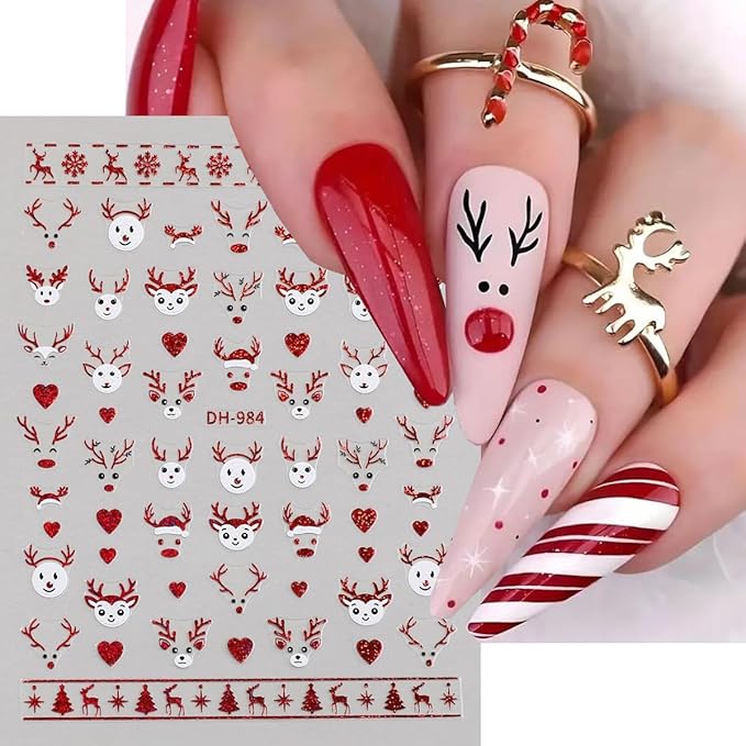 Christmas Nail Art Stickers Deer Antler Christmas Nail Decals 3D Self-Adhesive Nail Art Supplies 6PCS Red Bell Xmas Trees Santa Claus Elk Xmas Design Nails Adhesive Stickers for Women Nail Decorations